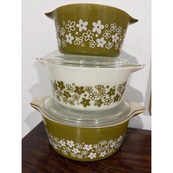Pyrex Spring Blossom Pattern Mixing Bowl Set w/ Lids - VTG Green & White Floral - Picture 1 of 12
